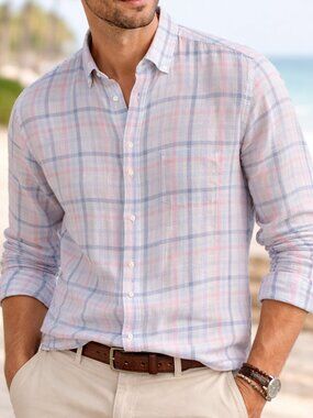 Peter Millar Linen Shirt XL Plaid Button Front Lightweight Summer Coastal Golf